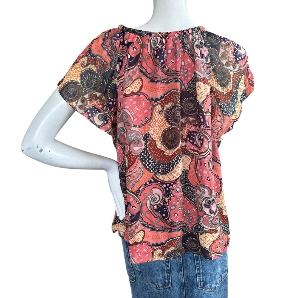 A.L.C. “June” Orange & Pink Paisley Floral 100% Silk Short Flutter Sleeve Top 10 - Picture 7 of 10